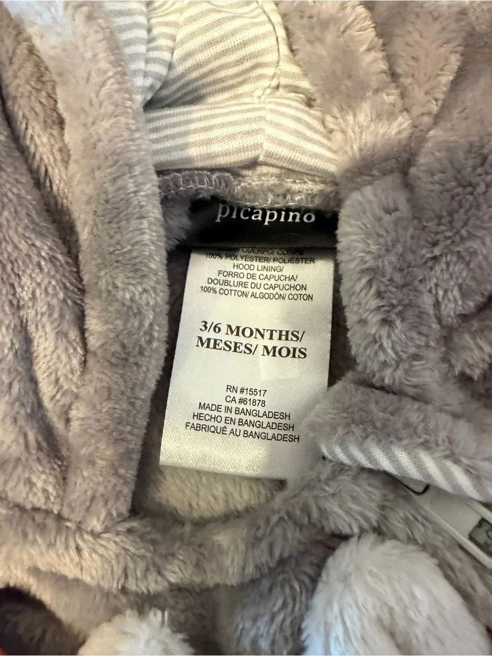 Piciapino Cozy Gray Bear Fleece One-Piece for Kids